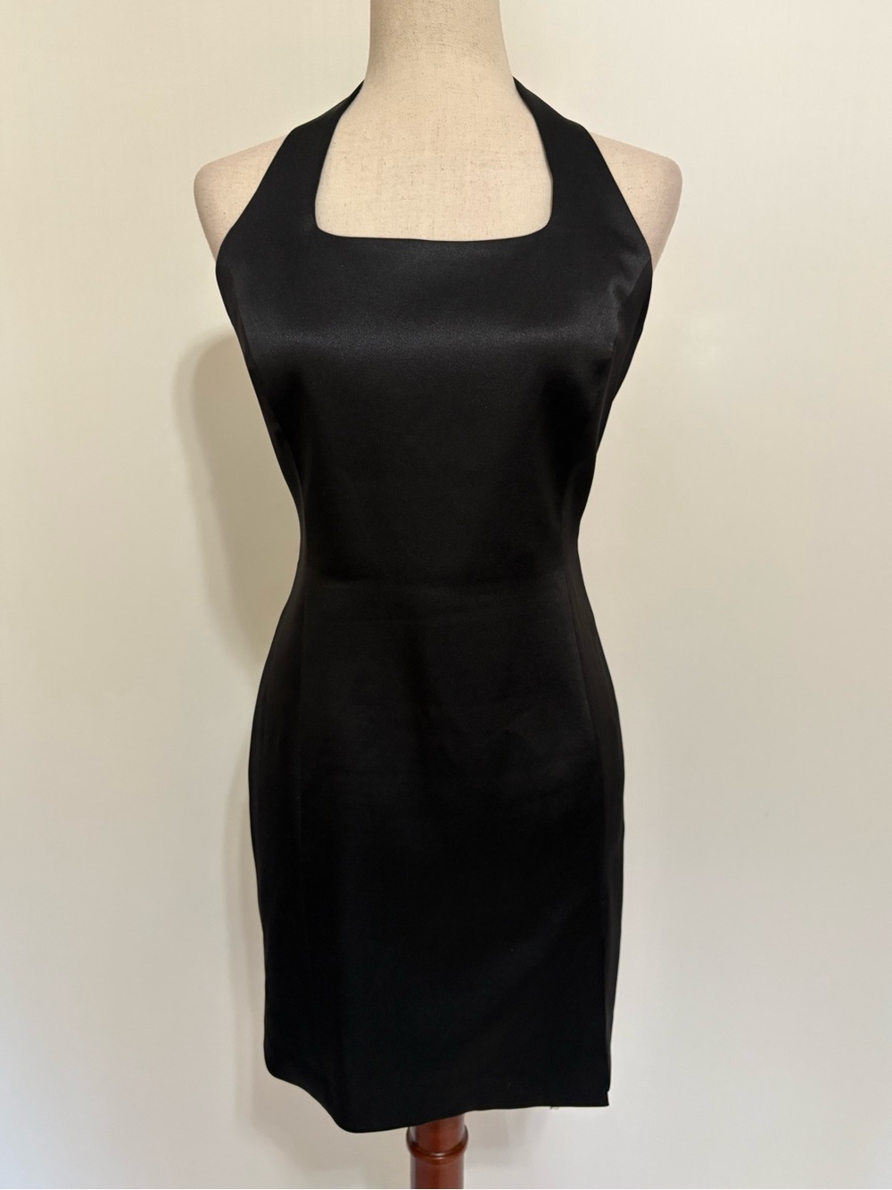 Vintage Cache 1995 Classic Black Satin Halter Sheath Dress Size 8